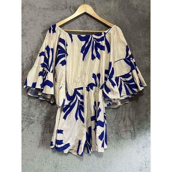 Willow & Root Blue White Palm Print Off Shoulder Romper Bell Sleeve L 120WD41224 - Picture 7 of 7